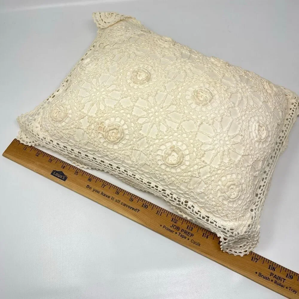 Vintage Hand Crochet Lace Throw Pillow Cover Cream Cotton Floral Boho 16x10